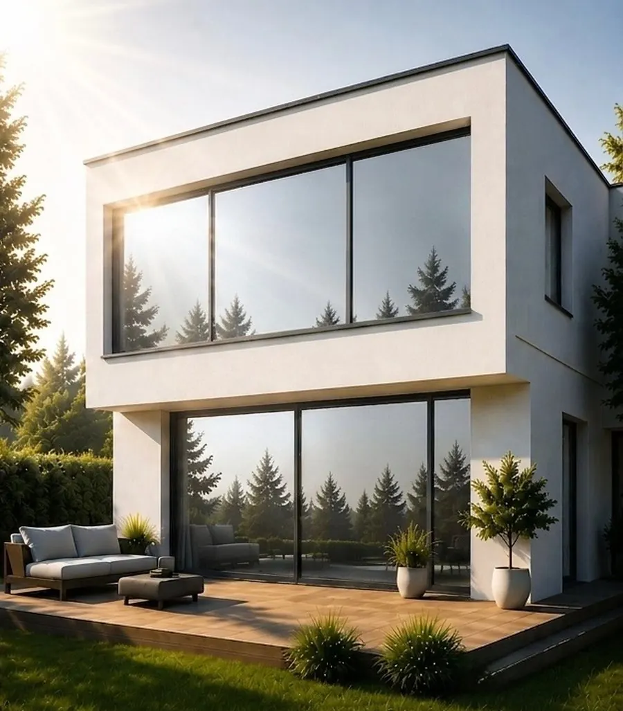 Bâtiment avec film solaire DarkTeinte posé